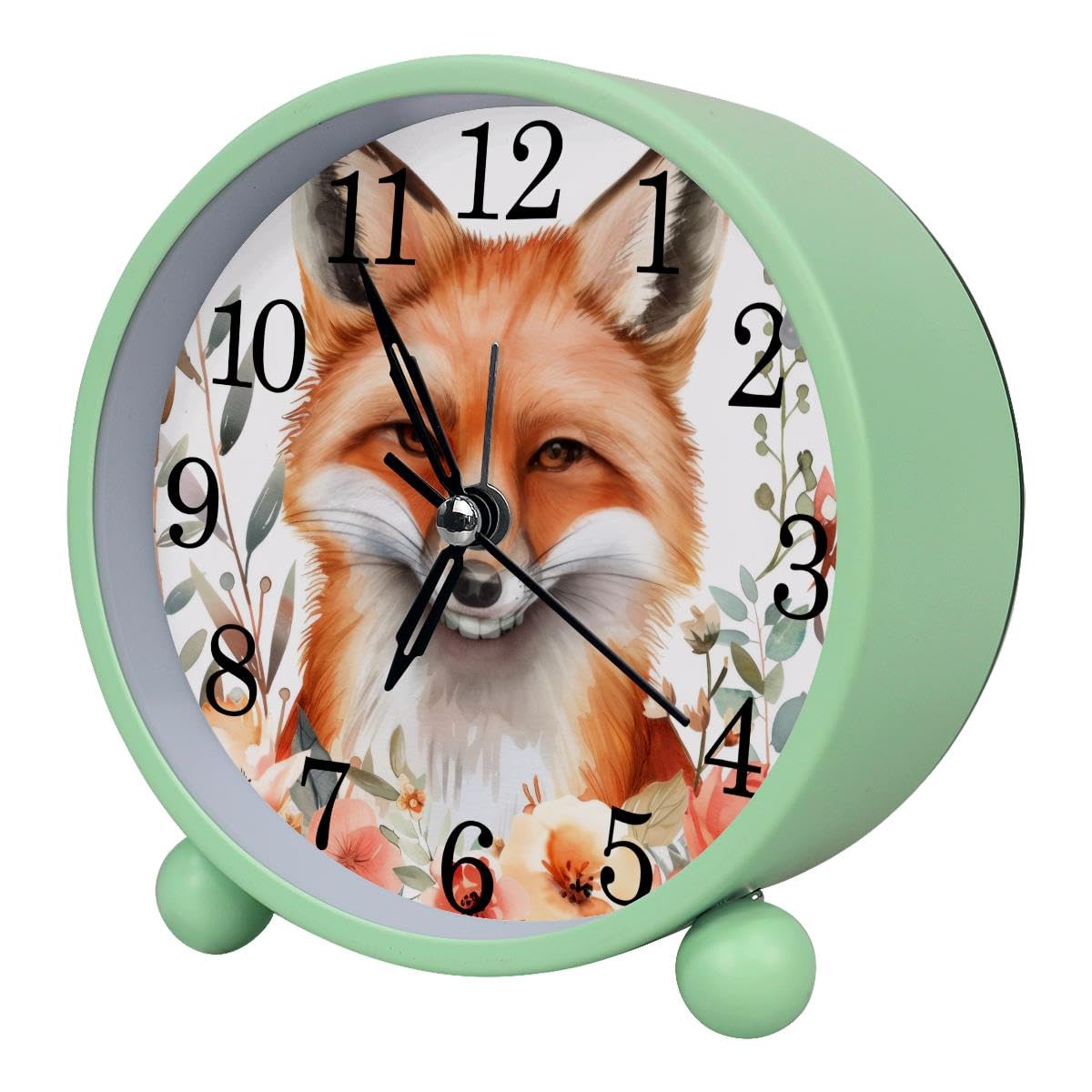 Alarm Clock Watercolor Fox Flower, Silent Non-Ticking with Night Light