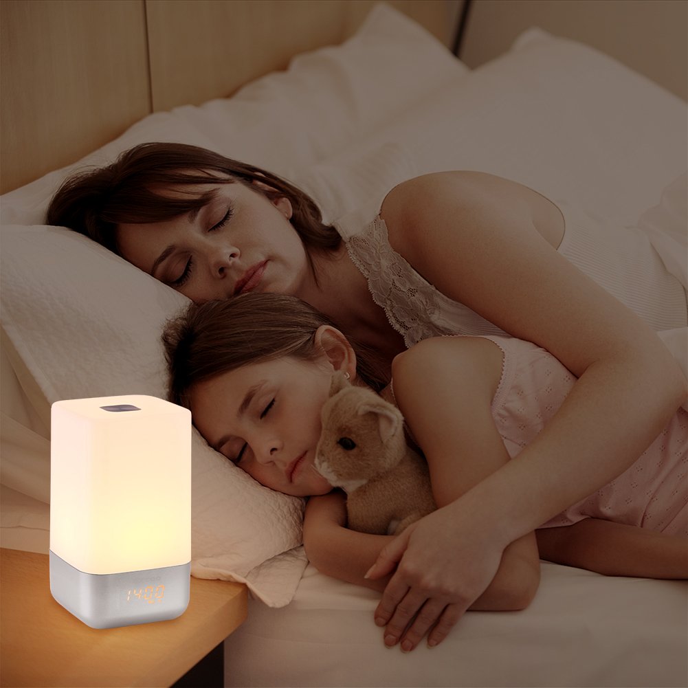 Budzenie światła, Budzik Wschodu Słońca Symulacja Zachodu Słońca Lampka Nocna z 5 Dźwiękami Natury, Sterowanie Dotykowe, Bezstopniowe Przyciemnianie, Funkcja Drzemki, 256-kolorowa Lampa Atmosferyczna