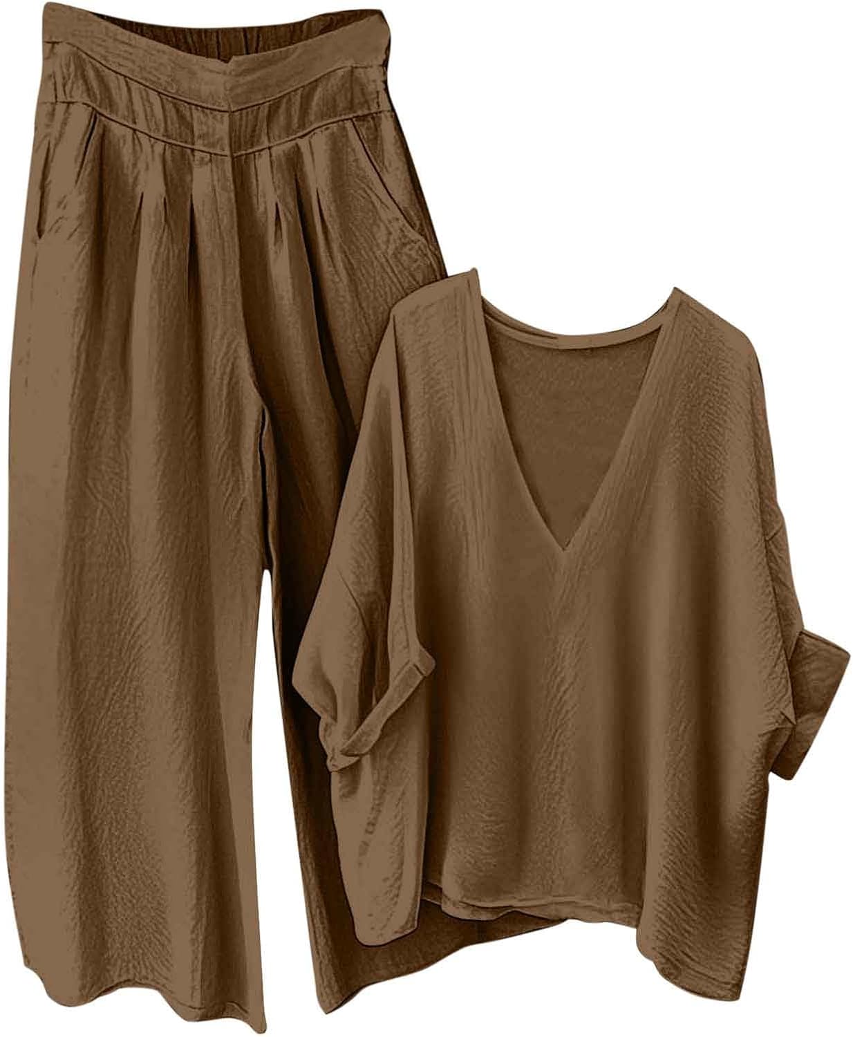 HGps8w Women's Summer 2 Piece Cotton Linen Sets Loose V Neck Batwing Tops Matching Wide Leg Pants Lounge Travel Outfits