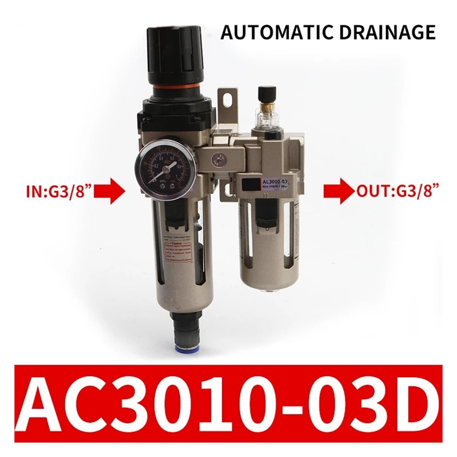 AC3010-02, AC3010-02D, AC3010-03, AC3010-03D Pneumatyczny regulator ciśnienia z smarownikiem, separatorem oleju i wody, urządzenie do uzdatniania powietrza (AC3010-03D)
