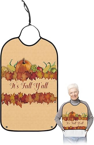 Thanksgiving Day Adult Bibs for Eating, Waterproof Bibs with Food Catcher & Adjustable Snap Closure, Pumpkin It's Fall Y'all Washable Clothing