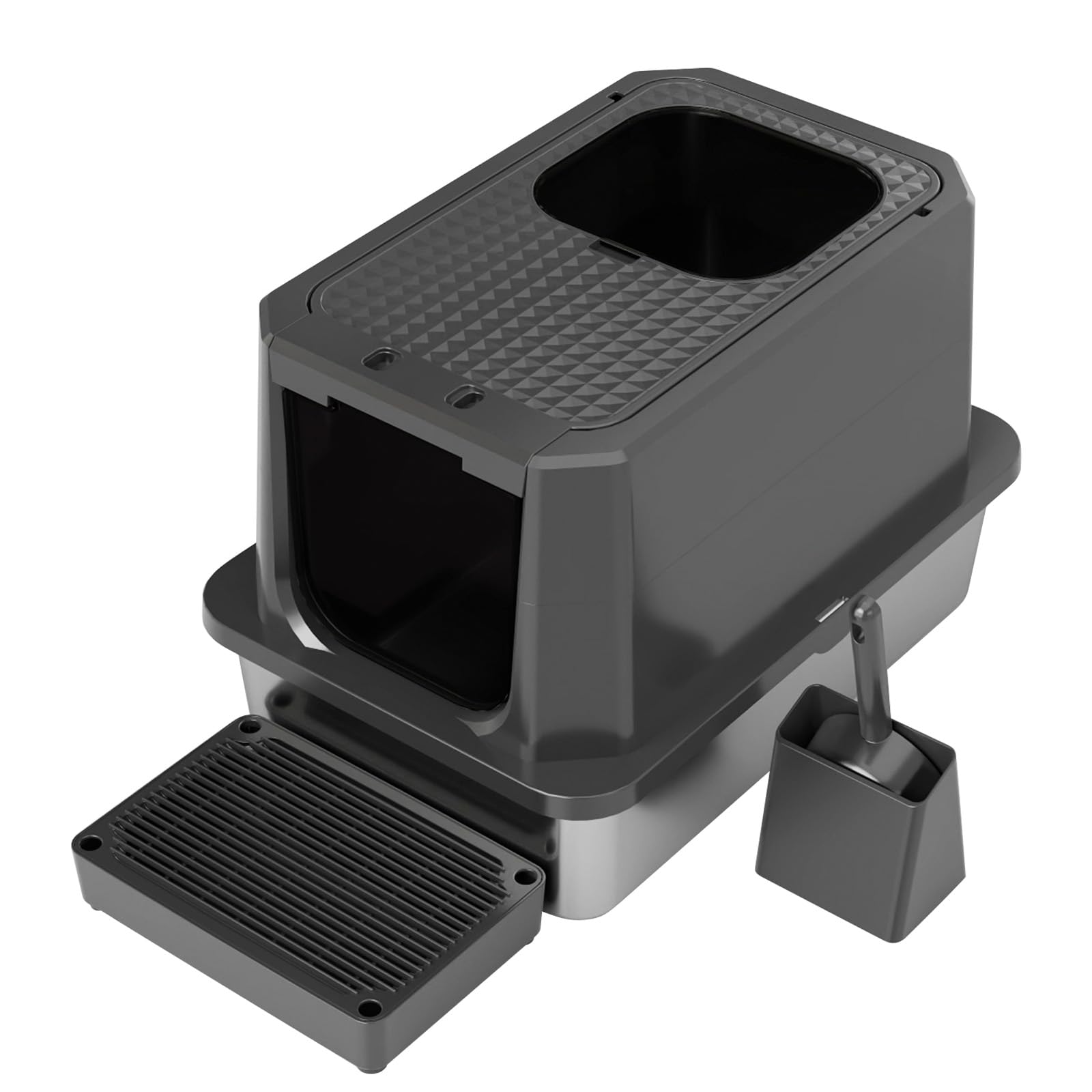 RIZZARI Enclosed Cat Litter Box: All Black Stainless Steel Odorless Cat Box - Top-Entry Design - Large Capacity Leak Proof Litter Pan for Cats - Easy Clean Pet Toilet - for Living Room Bedroom