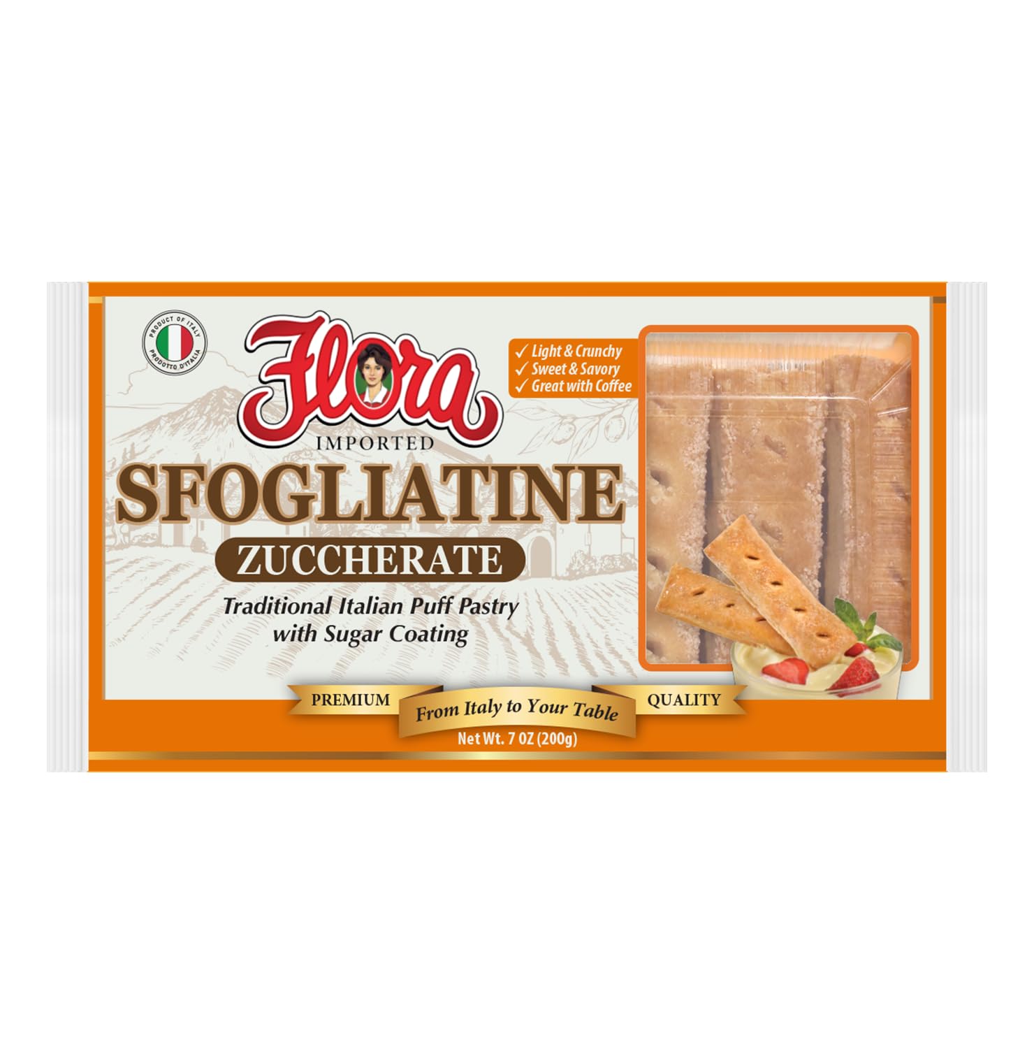 Flora Sfogliatine Glassate – Traditional Italian Puff Pastry with Glaze Coating - Sfogliatini Sugar - 7 oz (Imported from Italy) (7oz, Zuccherate)