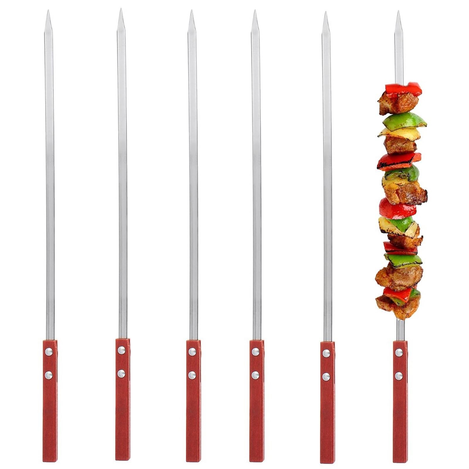 Brochetas de Kebab, Juego 6 brochetas Anchas Acero Inoxidable for Barbacoa, 40/50/60 cm Largo, Mango Madera, Tenedor y Palo(50cm)