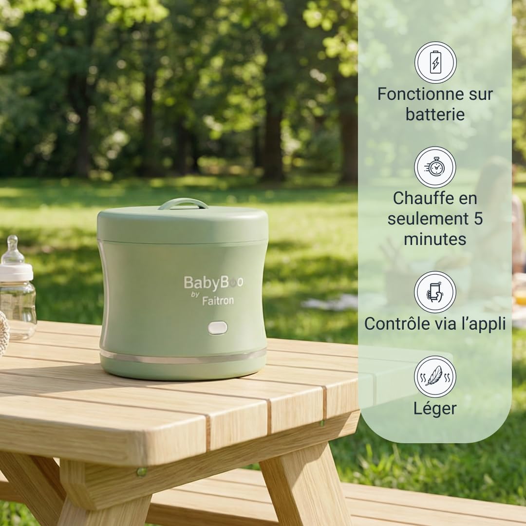 BabyBoo Chauffe-nourriture portable – Chauffe nourriture pour bébés avec batterie, contrôle via application, chauffage rapide 70 W, anneau LED, jusqu'à 45 °C, bac amovible, USB-C
