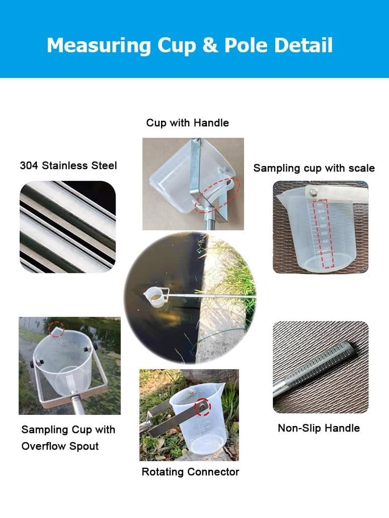Teleskopischer Wasserprobenentnahmelöffel mit rutschfestem Griff – 500/1000-ml-Becher for die Wasserprobenahme und -analyse | 1000ML,1.11-3.0m(3.6-9.8ft)