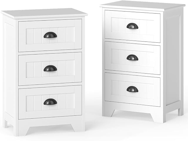 Giantex Nightstand with 3 Drawers, Set of 2 Bedside Table with Exquisite Metal Handles, Accent Table Sofa Side Table with Anti-toppling Device for Bedroom, Study, White