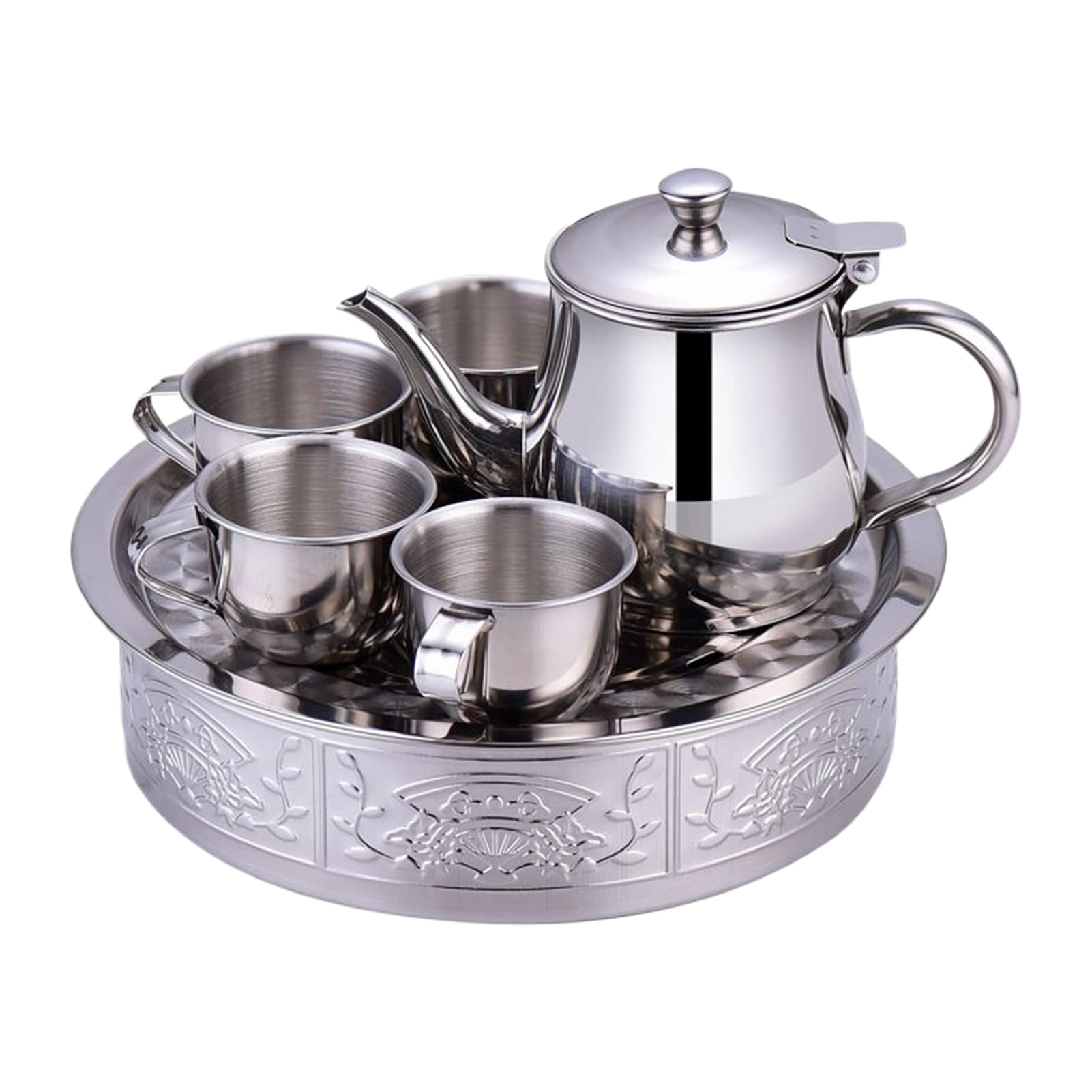 Children Stainless Steel Tea Set - 330ml Filter Screen Design Long Spout Teapot with 4Pcs 70ml Cups and Tray, Small Stainless Steel Tea Set for Gathering Travel Home Beginners Picnic Camping RV