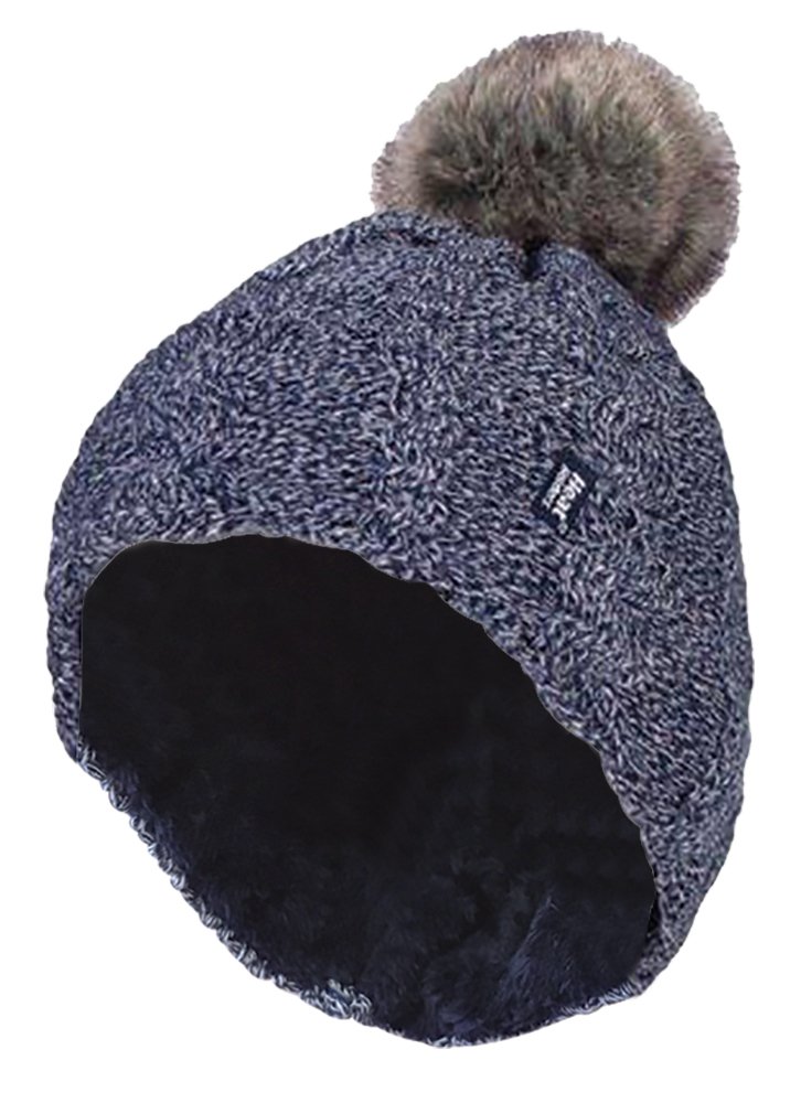Heat Holders Women's Blue - Warm Knit Fleece Lined Cuffed Thermal Winter Bobble Hat With Pom Pom (One Size, )