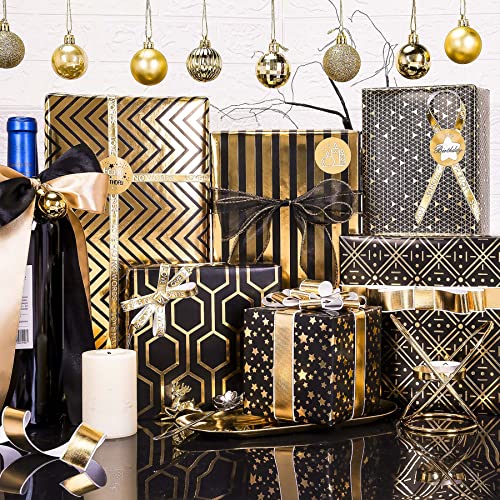 Larcenciel Gift Wrapping Paper Set, 6 Sheets Metallic Black Gold Foil Wrapping Paper w/Gift Bow & Sticker, Shiny Luxury Men Boys Gift Wraps for Birthday, Holiday, Graduation, Baby Shower, 27.5x19.6in - Image 5