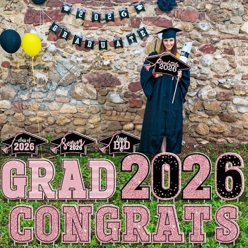 20PCS Pink Congrats Grad 2026 Lawn Yard Signs with Stakes Outdoor Decor by HOVACY - Image 7