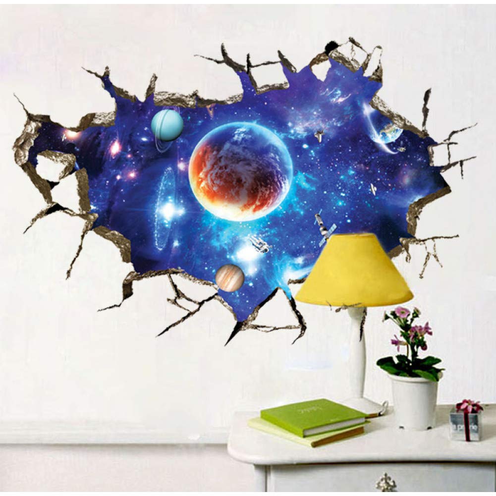 NBDBAT Wall Sticker 3D Broken Wall Space Planet Wall Stickers Bedroom Living Room Ceiling Decoration Stickers 3D Stereo Wall Stickers