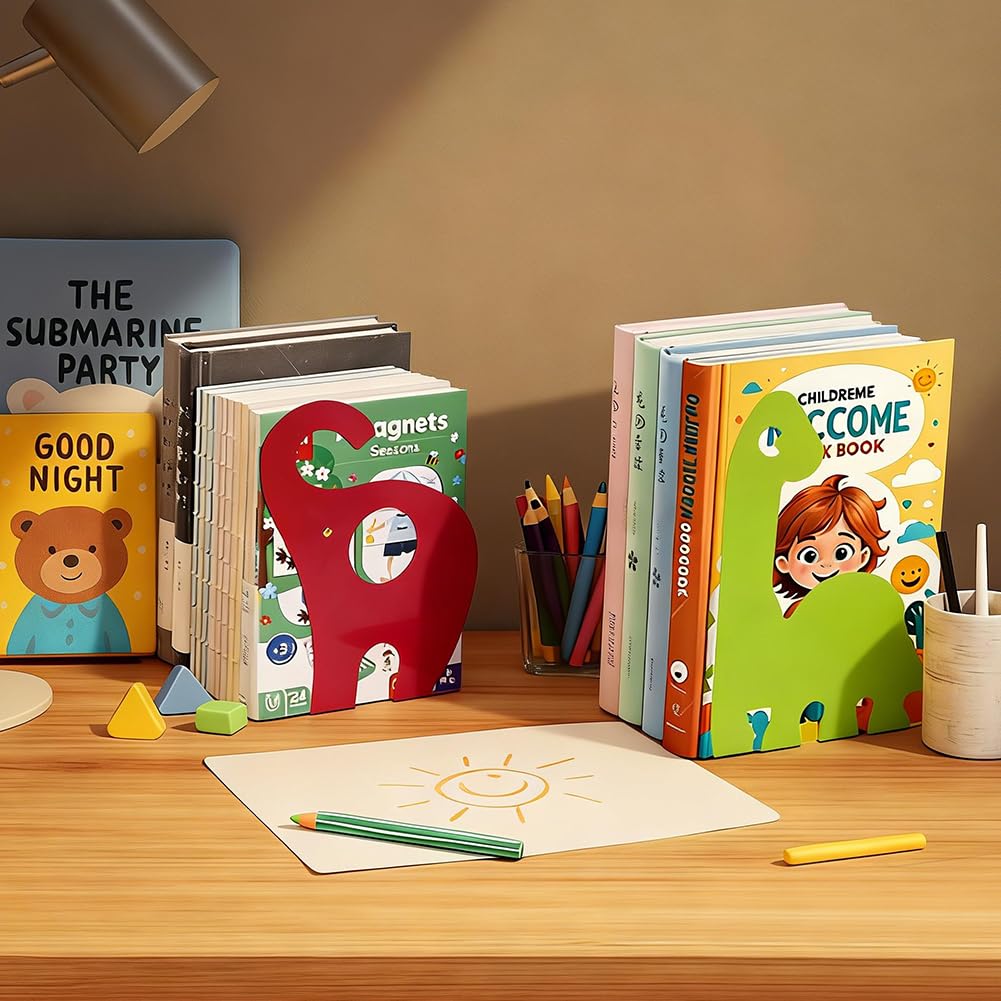 6 fermalibri per bambini, motivo: animali (elefante, dinosauro, giraffa) con base antiscivolo e bordi arrotondati, fermalibri colorati per scuola, cameretta dei bambini e casa