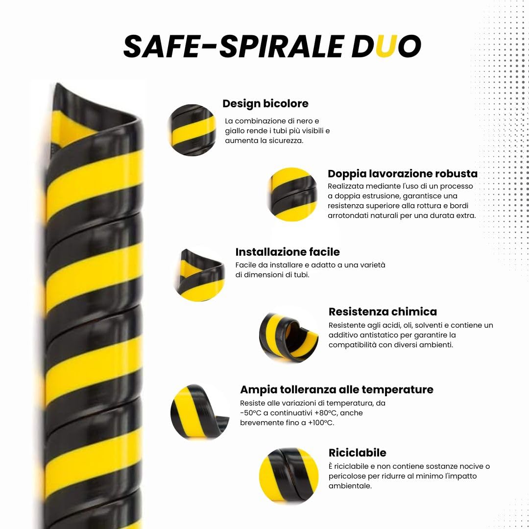 DUO Safe-Spirale Protezione a spirale per tubi idraulici Ø 32 mm, lunghezza 5 m, Spirale protettiva per cavi per il raggruppamento di tubi, colore: nero/giallo