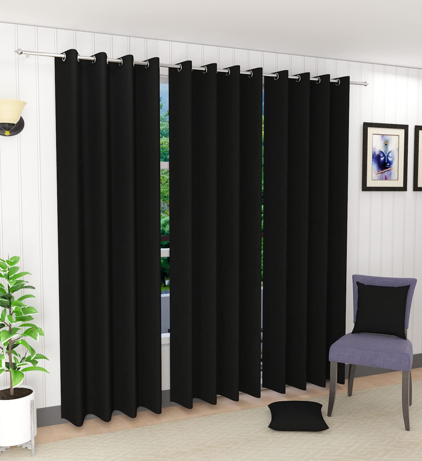 Decorvilla Blackout Faux Silk Superior 2 Piece Plain Solid Grommet Curtains Window Curtains, 5 Feet, Black