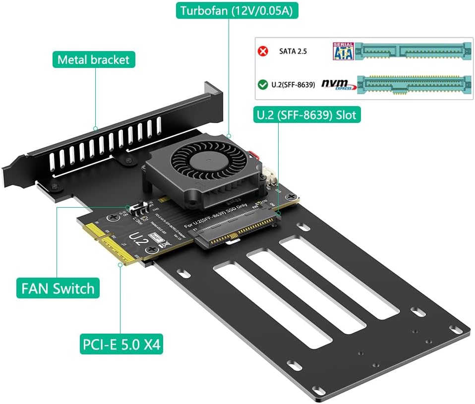 Mustpoint PCIe 5.0 x4 to U.2 (SFF-8639) NVMe SSD Adapter Card with Cooling Fan for Desktop/Server