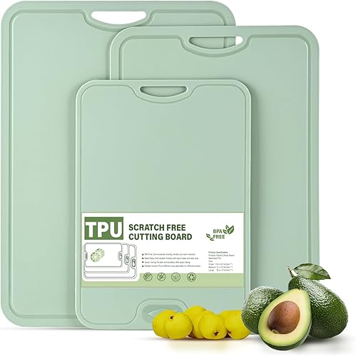 Juego de 3 tablas de cortar de TPU para cocina, tablas de cortar antideslizantes con ranura para jugos, alfombrilla de cortar resistente a las
