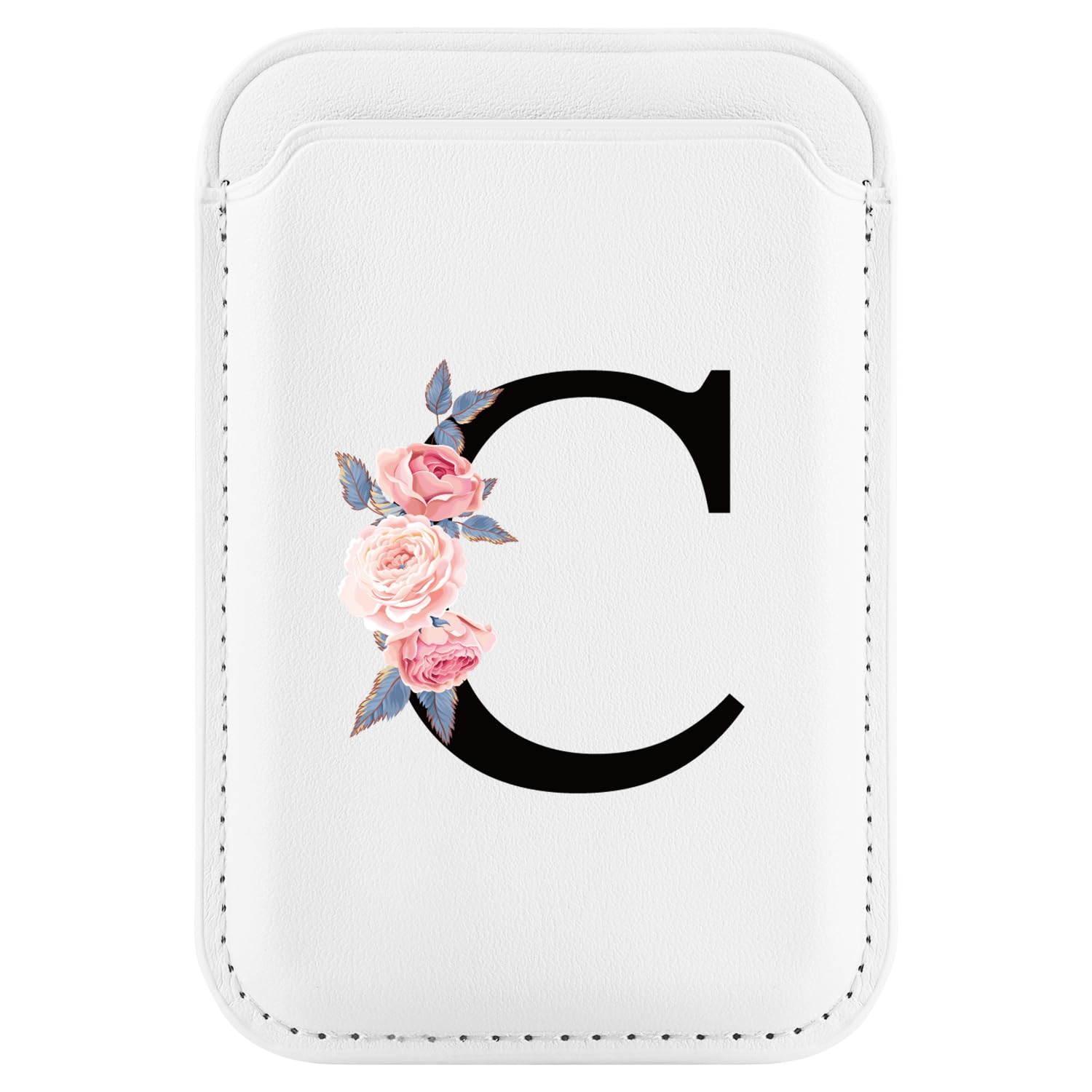 WALLFID Magsafe Wallet Leather Compatible with iPhone 15/14/13/12 Pro/Max/Plus/Mini,Card Holder with RFID,Alphabet Series Flower Design (C)