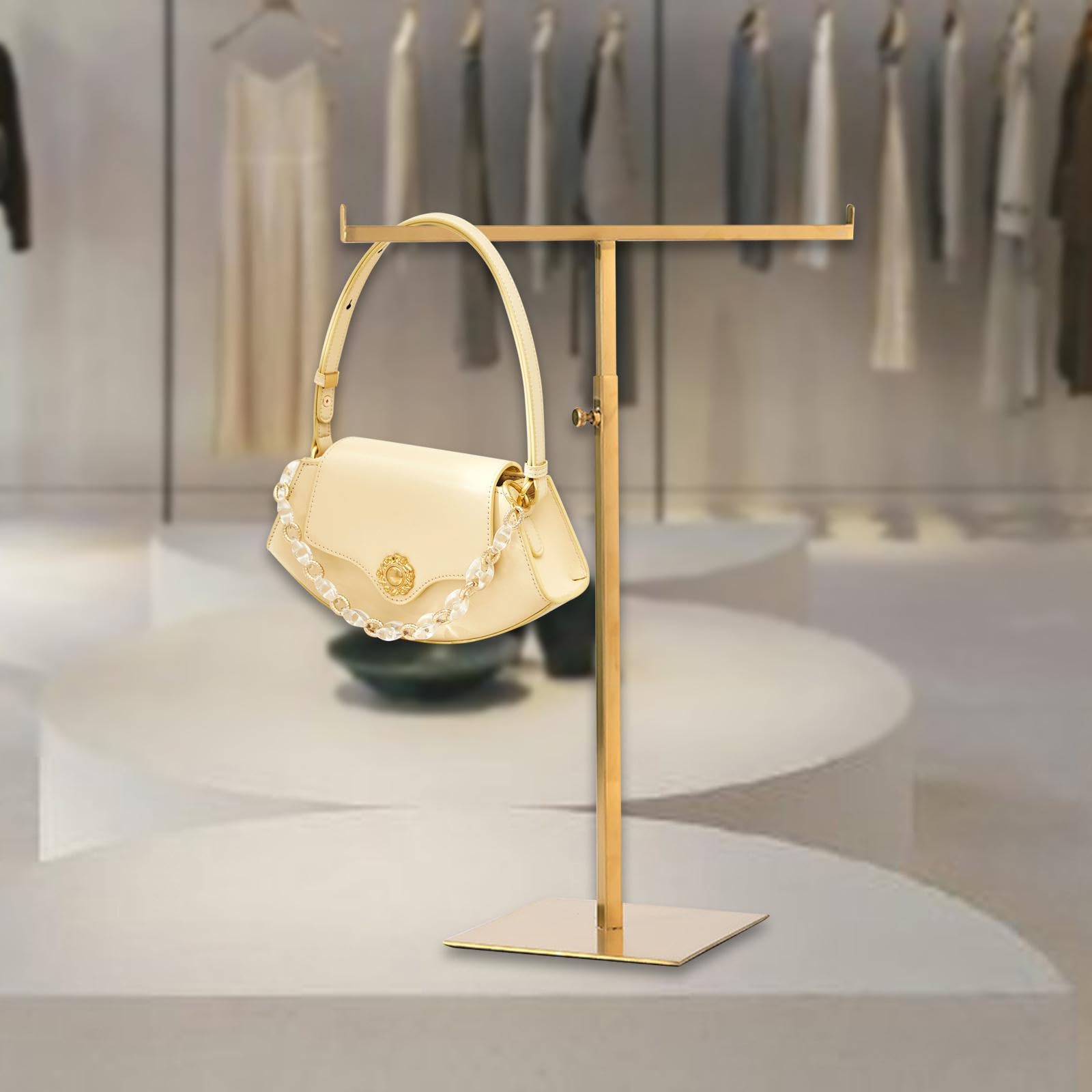 Exhibidor para Bolsos Soporte de Exhibición para Bolsos Gancho Doble Regulable Organizador de Collares Acero Resistente Adecuado para Boutique Hogar, Oro Cepillado, Individual