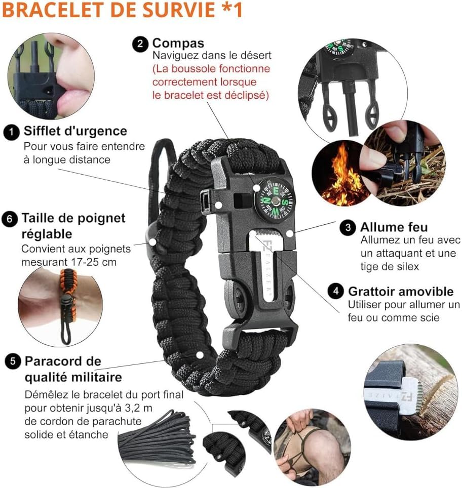 Kit de survie, Bracelet de survie, siflet, filtre à eau, couverture solaire, équipement radio, survivalisme, Faizer