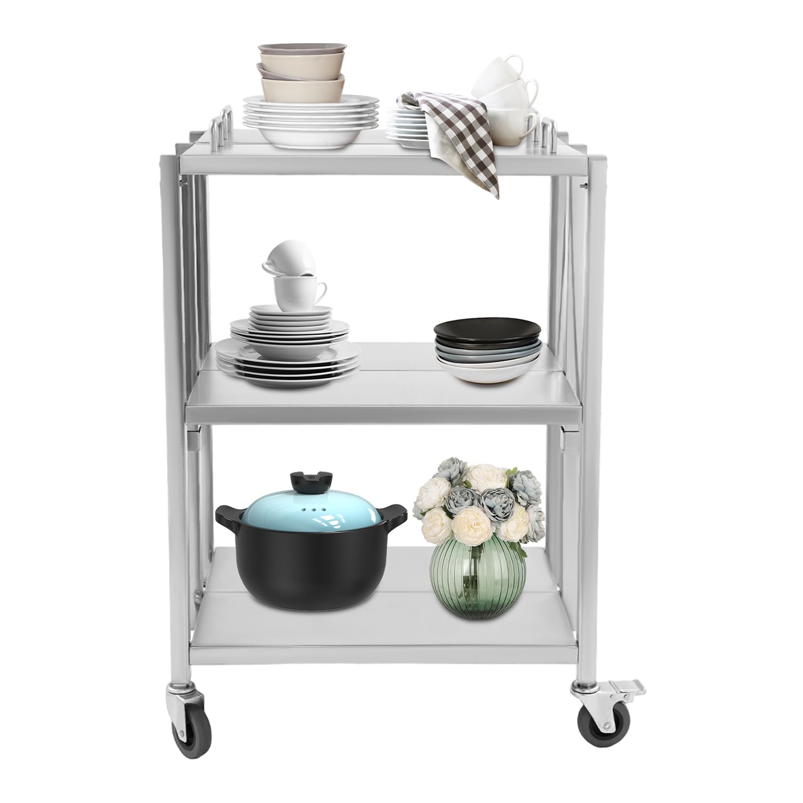 Carro de servicio de acero inoxidable 3 niveles, carro de cocina plegable con ruedas y frenos, capacidad 100 kg, para cocina, restaurante, hotel