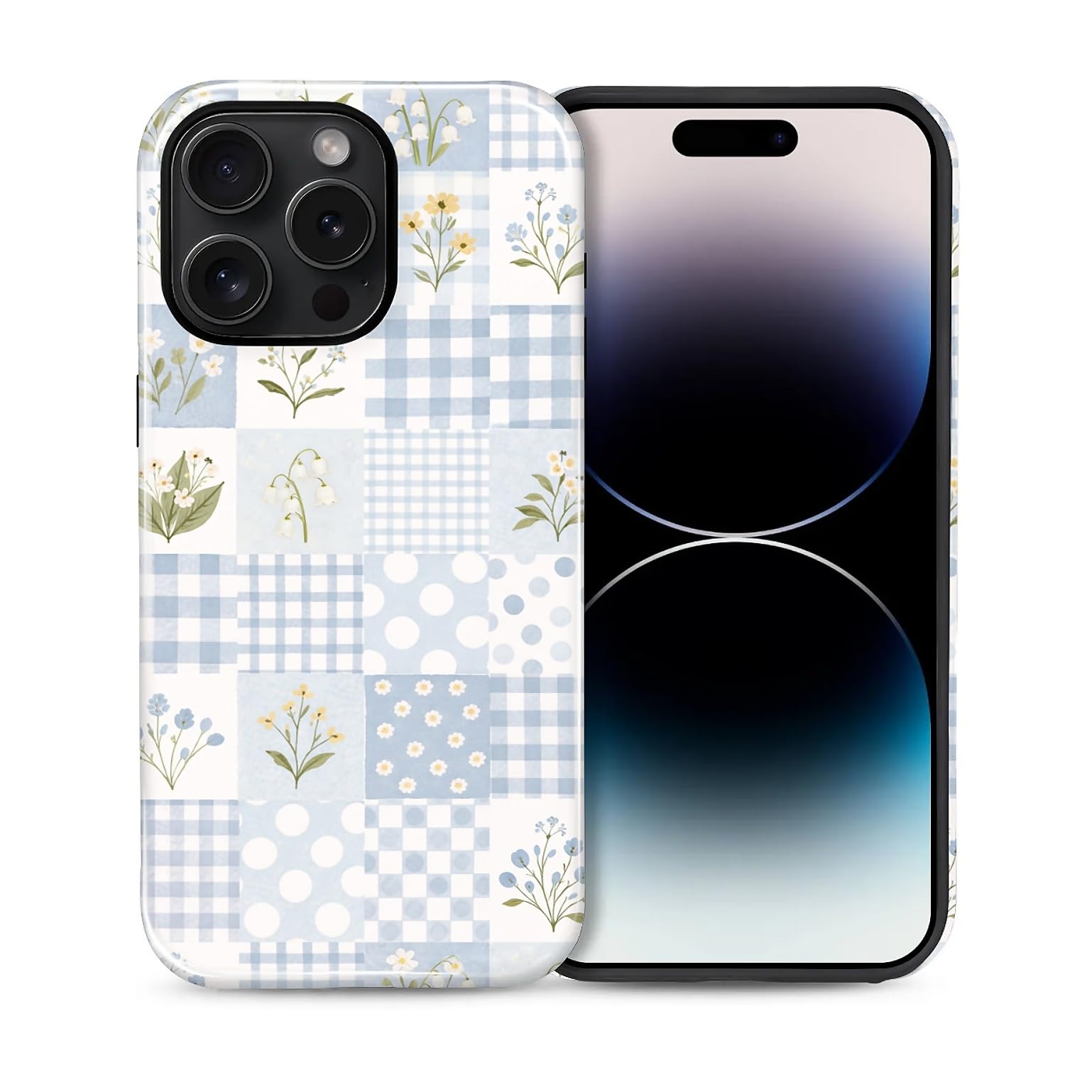 Coque iPhone 14 Pro antichoc double couche avec motif patchwork floral bleu - 8