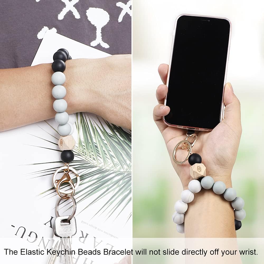 Doormoon Keychain Bracelet, Silicone Beaded Wrislet Key Ring with Patch for Portable Phone Strap House Car Keys