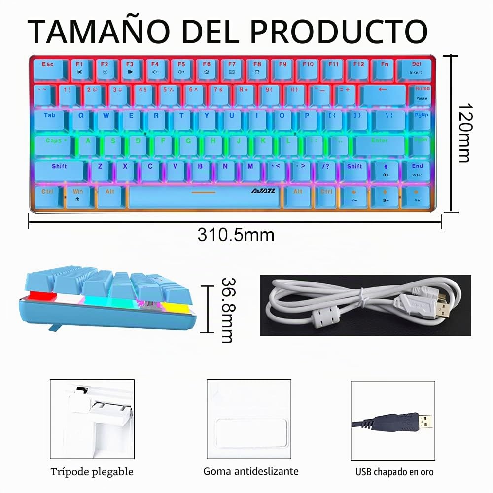 AK33 Teclado Mecánico con Cable con Retroiluminación Arcoíris-Azul | Interruptores Azules, USB-C, Diseño Compacto TKL De 82 Teclas, Función Anti-ghosting, Para Jugadores Y Mecanógrafos