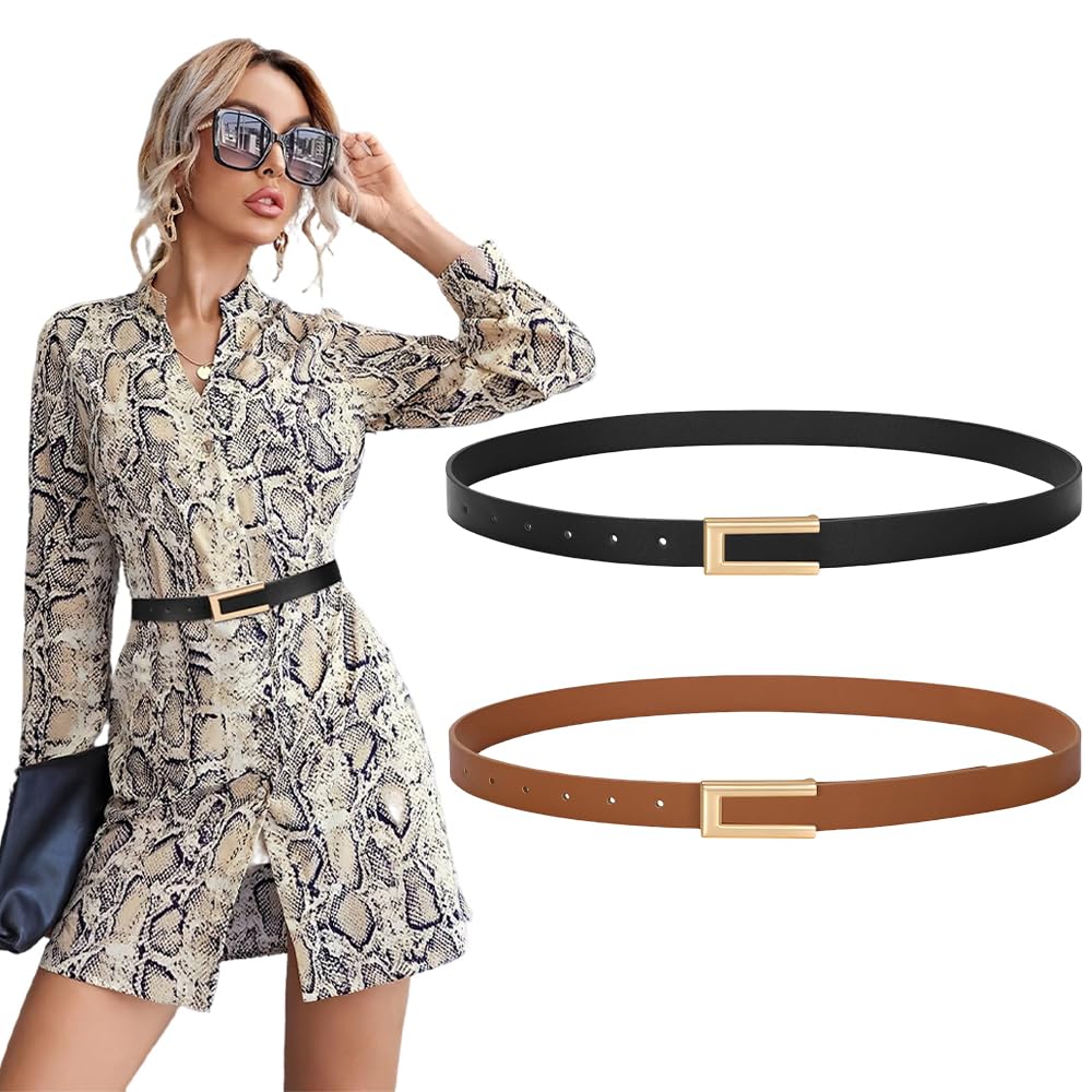 Belt for Women Jeans, 2pcs Womens Skinny Waist Belts with Gold Buckle, PU Leather Adjustable Belt for Women Dresses Jeans Formal Wear Ladies (Black+Brown)