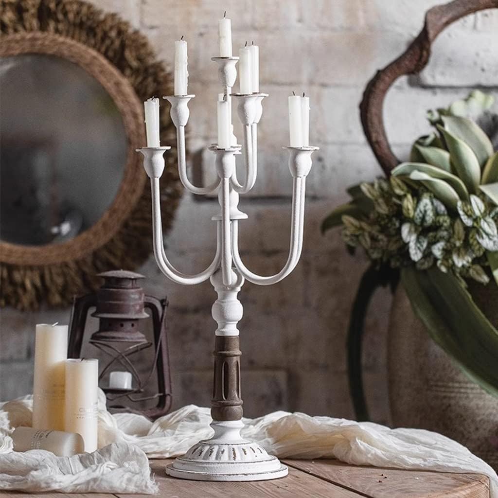Candelabra Decorative Candle Holders 10 Arms Candelabra Metal Candle Stand Antique Candle Holder for Wedding Dinning Party Home Decor 27x27x57cm(White), Size