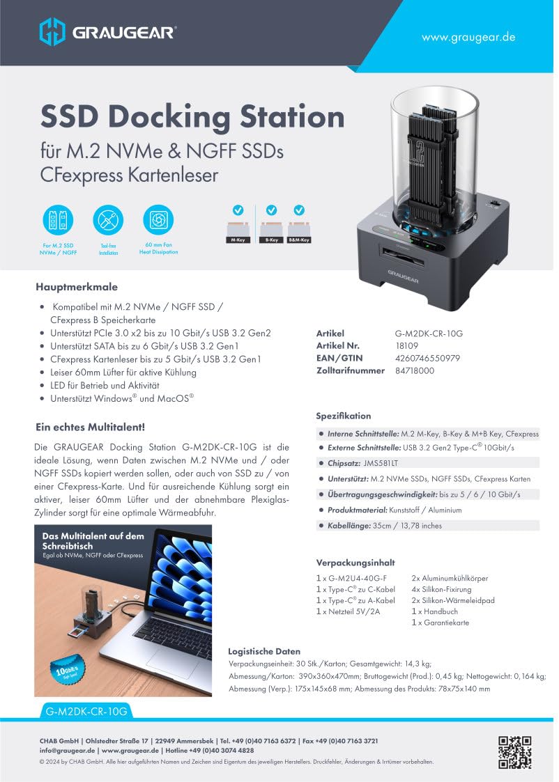 Station d'accueil SSD M.2, chipset JMS581LT pour Tous Les SSD NVMe et NGFF, Lecteur de Carte CFexpress Type B, USB3.2 Gen2 10 Gbit/s, Ventilateur Silencieux 60 mm, 2 câbles, Bloc d'alimentation