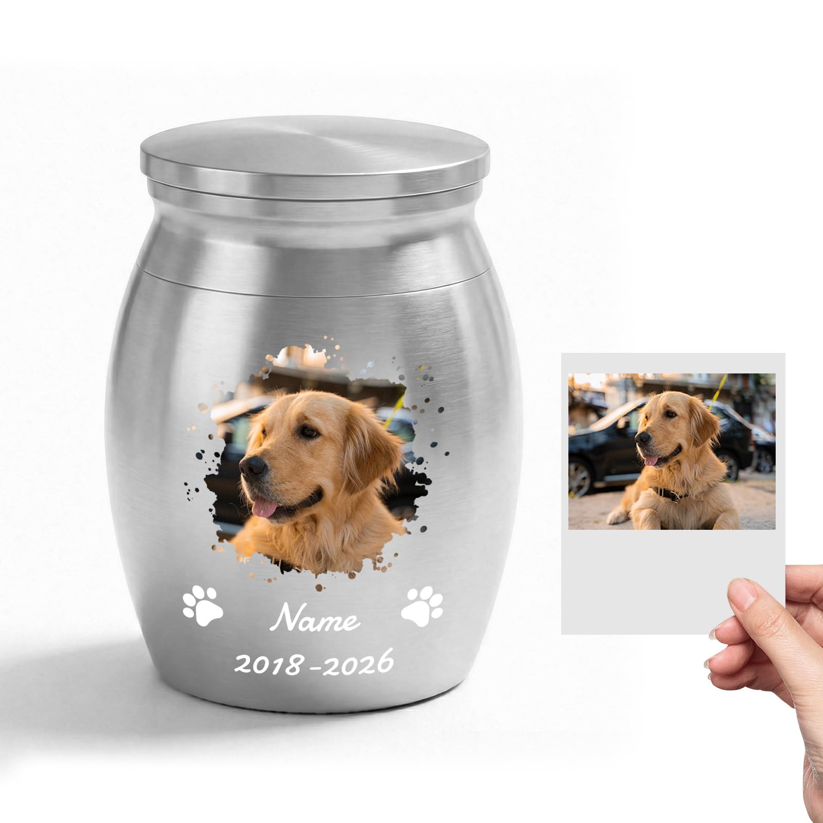 Takuno Personalised Cremation Urns for Dog Ashes Custom Mini Stainless Steel Pet Ashes Keepsake Photo and Text Customized Pet Holder Memorial Gifts for loss of dog sympathy Pet Lover,Silver