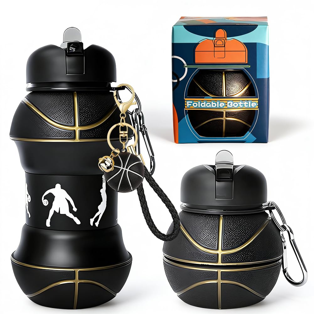 Bouteille d'eau de basket-ball avec porte-clés 550 ml - Bouteille de sport pliable - Noir