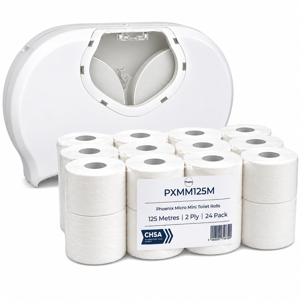 Dual Roll Toilet Tissue Dispenser with 24 Mini Micro Toilet Rolls 125m 2 Ply, Wall Mounted Lockable Commercial Toilet Roll Holder, White/Clear Plastic Washroom Bundle for Offices, Hotels, Schools