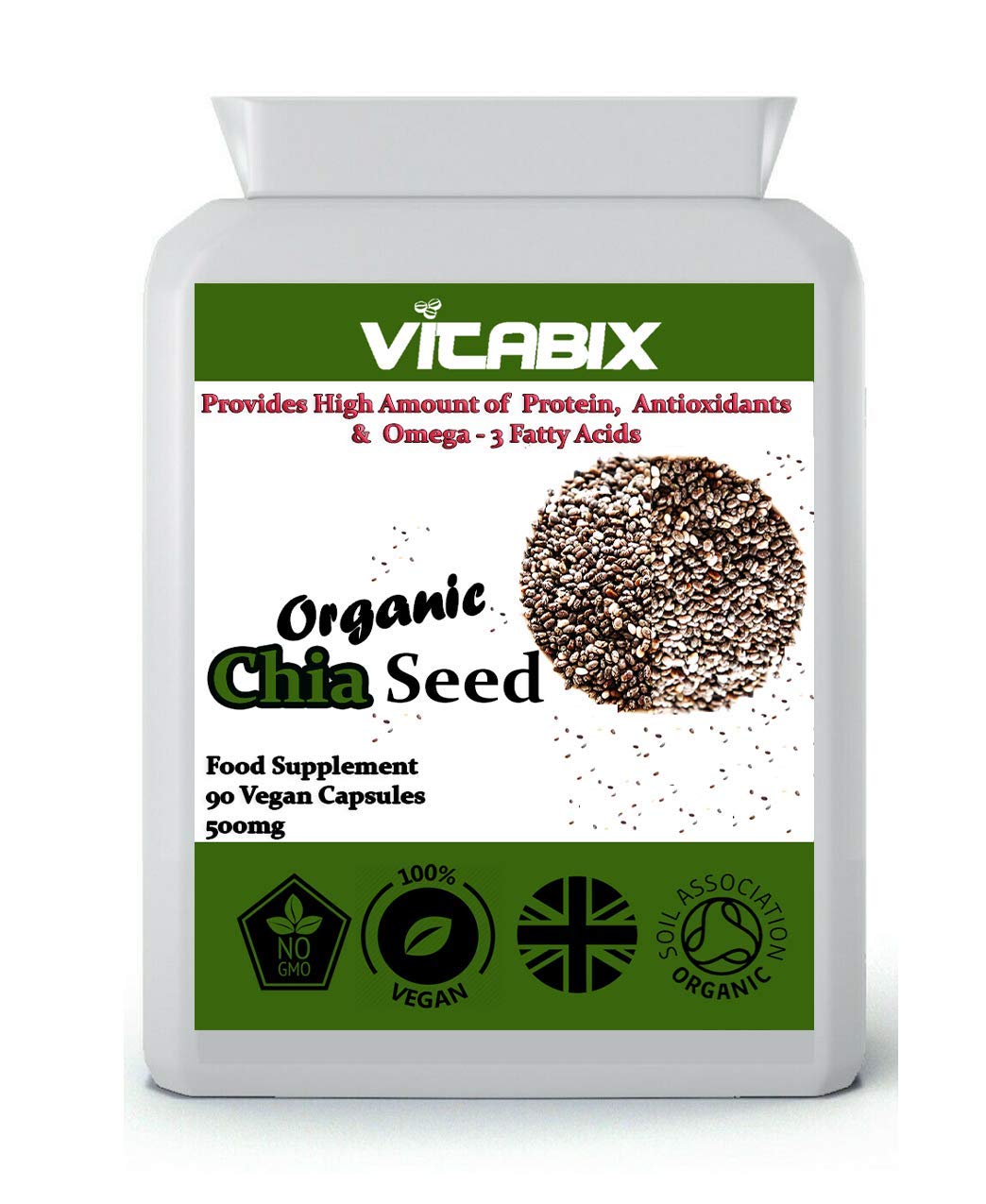 Organic Chia Seed, 90 Vegan Capsules, UK Made, Pure & Natural 500mg, from Vitabix (90)