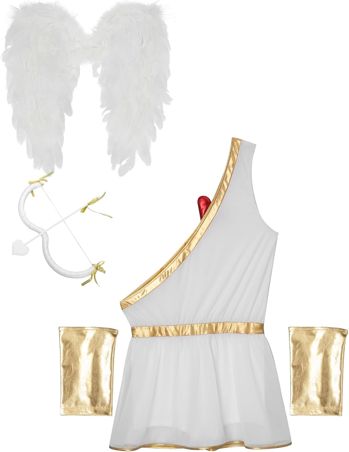 Jhaoyu Mens 4Pcs Cupid Costume Adult One-Shoulder Romper Metallic Bodysuit Valentine Fancy Dress Outfit
