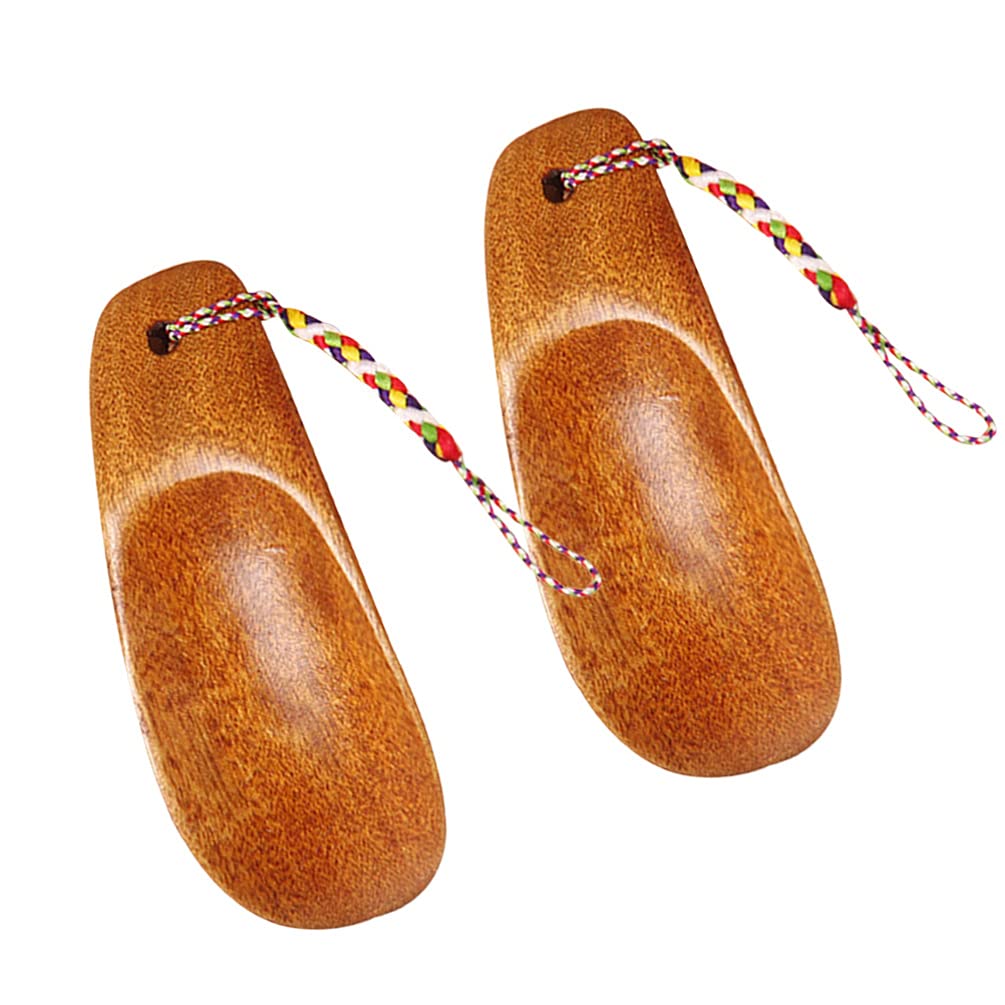 ARTIBETTER 2pcs Wooden Shoe Horns Short Handle Shoe Wearing Lifter Helper with Rope for Kids Seniors Easy to Take for Travel Use