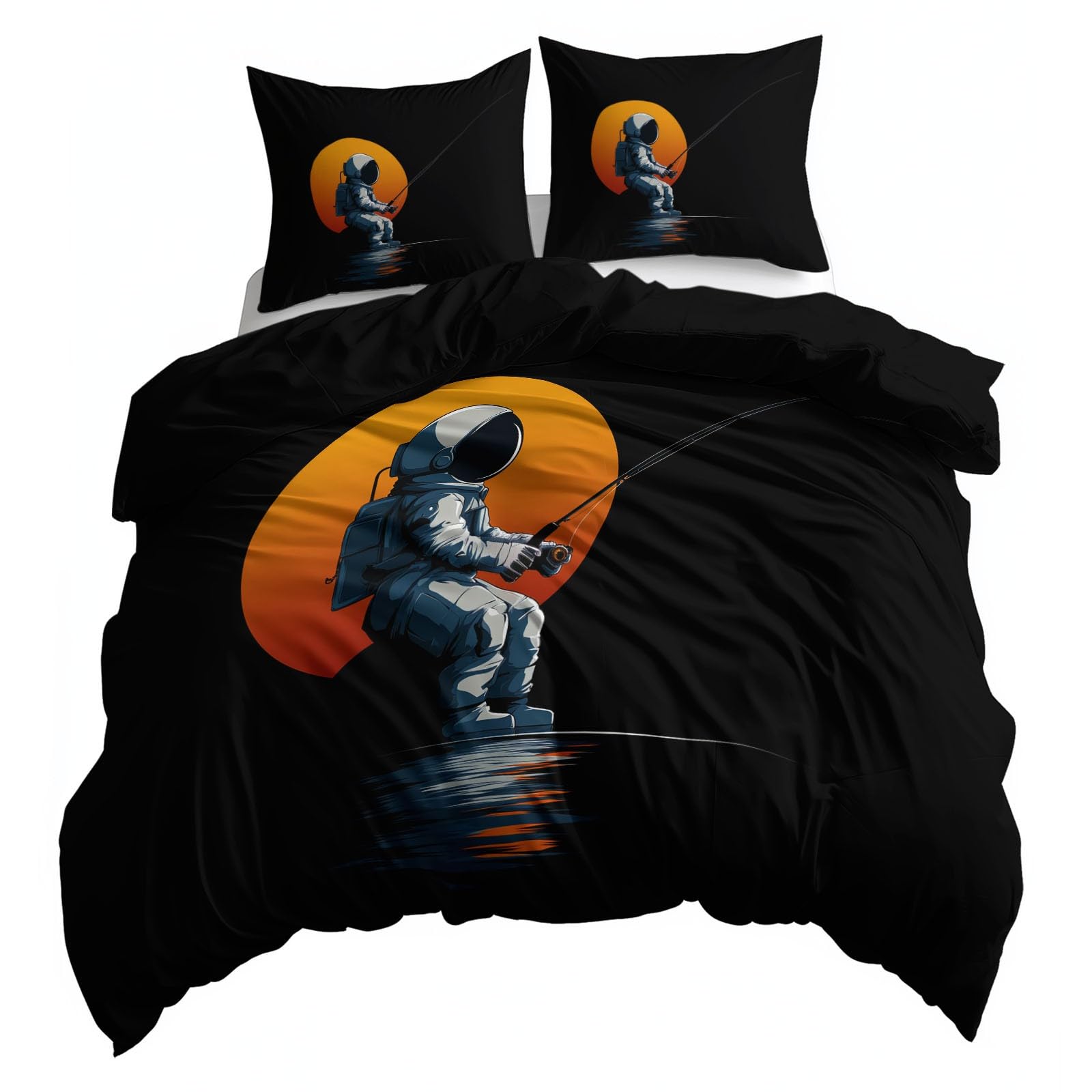Générique Zestaw pościeli dziecięcej 140 x 200 cm kreskówka księżyc astronauta wędkarstwo poszwa na kołdrę z mikrofibry miękka i oddychająca, czarna pościel 1 osoba zamek błyskawiczny poszewki na