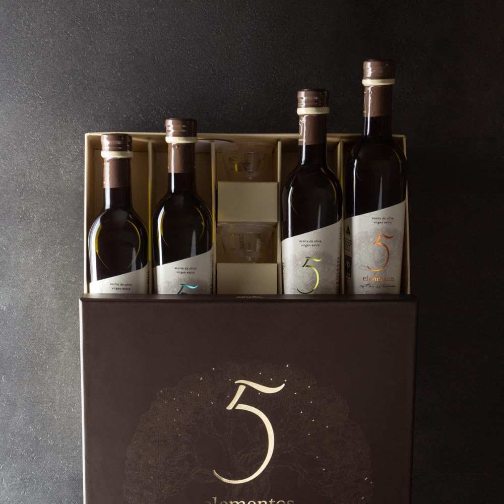 5 Elementos Gran Selección Aceite de Oliva Virgen Extra - Estuche Premium Degustación 5 Variedades: Picual, Arbequina, Cornicabra, Hojiblanca - Set Regalo Gourmet y Cata - 4x500ml