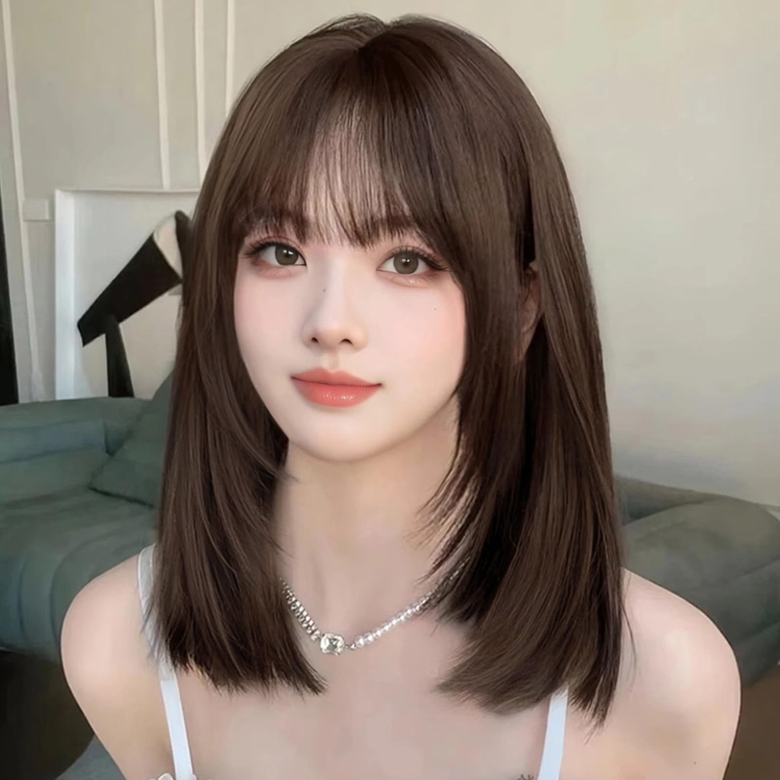 ダークブラウン、 レイヤーセミロングウィッグ