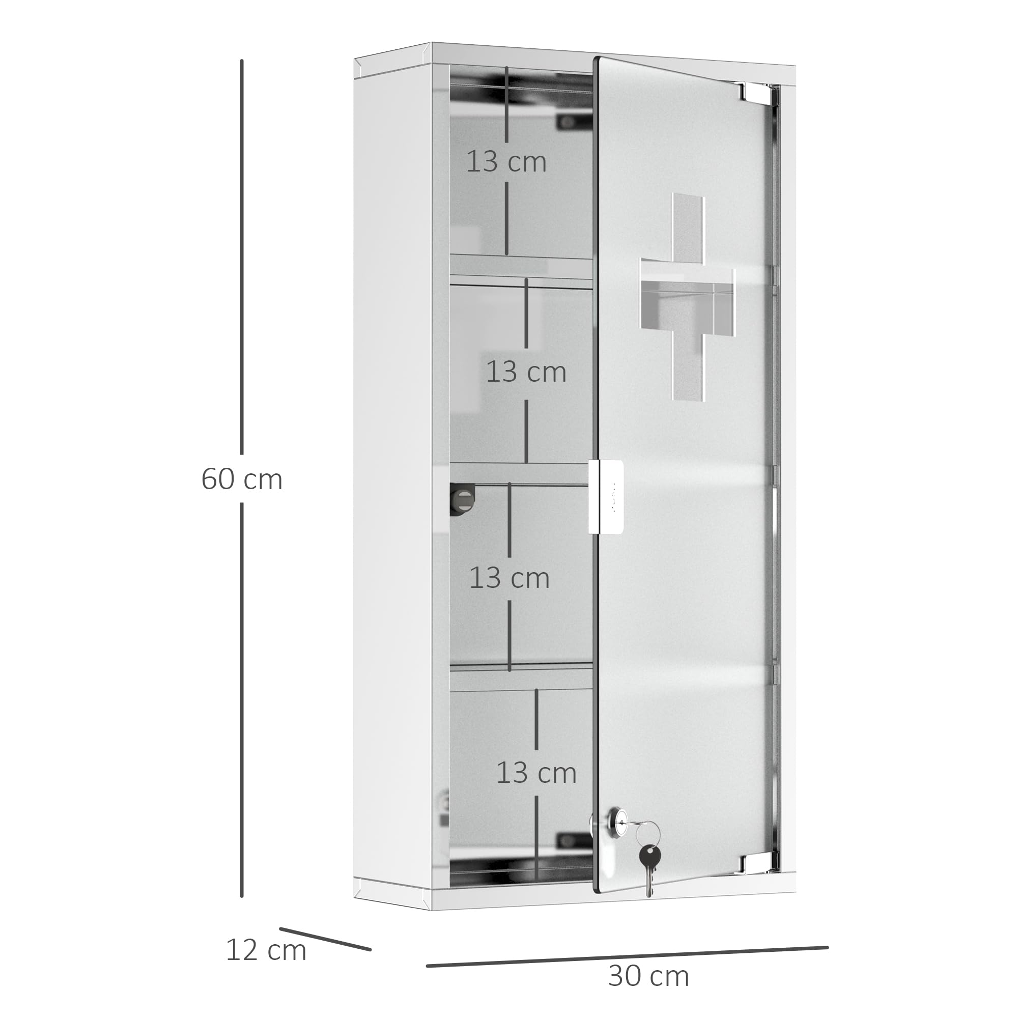HOMCOM Lot de 2 Armoires à Pharmacie à 4 Niveaux, Porte Verre trempé, Symbole Croix, Acier Inoxydable brossé, 30L x 12l x 60H cm, Argenté