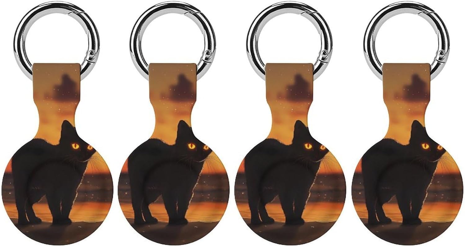 Black Cat Beach Sunset Funny Cover Compatible with AirTag Case Protector GPS Tracker Holder with Keychain