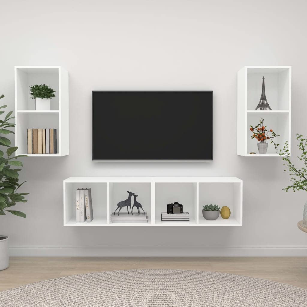 4-Piece Floating TV Stand Set White Engineered Wood | Each cabinet measures 14.6x14.6x28.3 inches with 2 compartments for vertical or horizontal mounting.