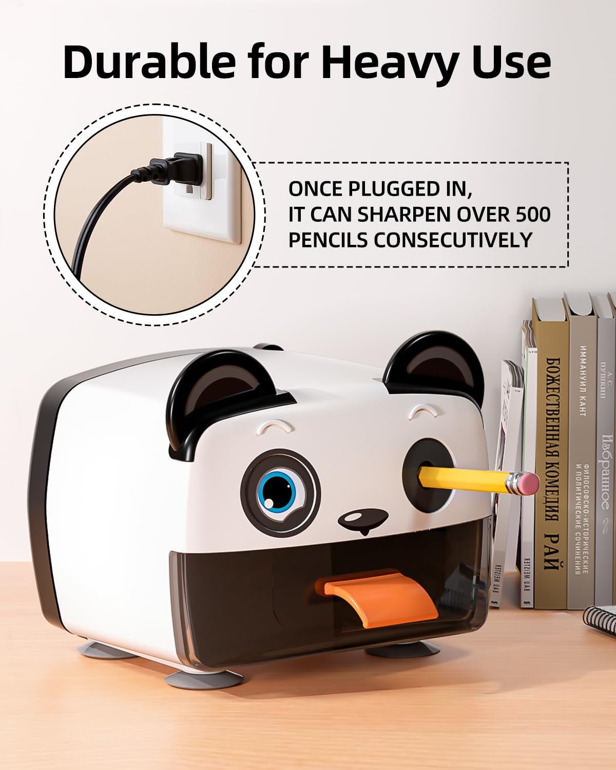 Image showing the ZMOL pencil sharpener plugged into a wall outlet, indicating it's ready for heavy use.