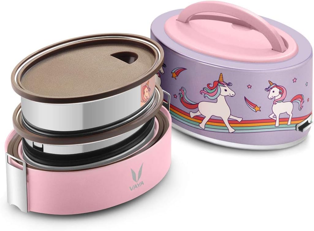 Vaya Tyffyn 20 oz Vacuum Insulated Lunch Box - 2 Polished Stainless Steel Food Storage Containers without Bagmat - BPA Free, Eco-Friendly Bento Box (Color:Unicorn)