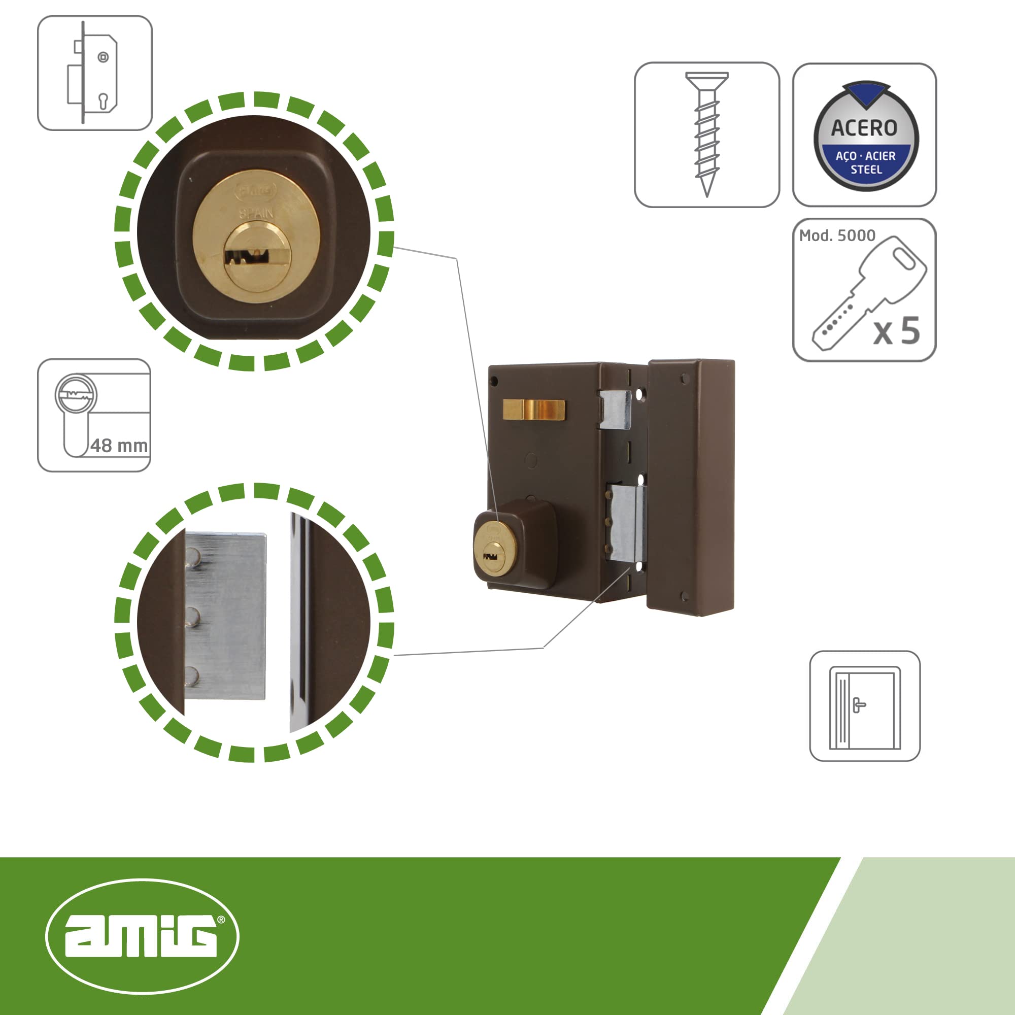 Amig - Serratura a Sovrapposizione a Destra con Leva di Chiusura - Linguetta e Maniglia per Porte in Legno - Mod. 75, 72 x 112 mm - Cilindro rotondo di sicurezza - Acciaio Marrone
