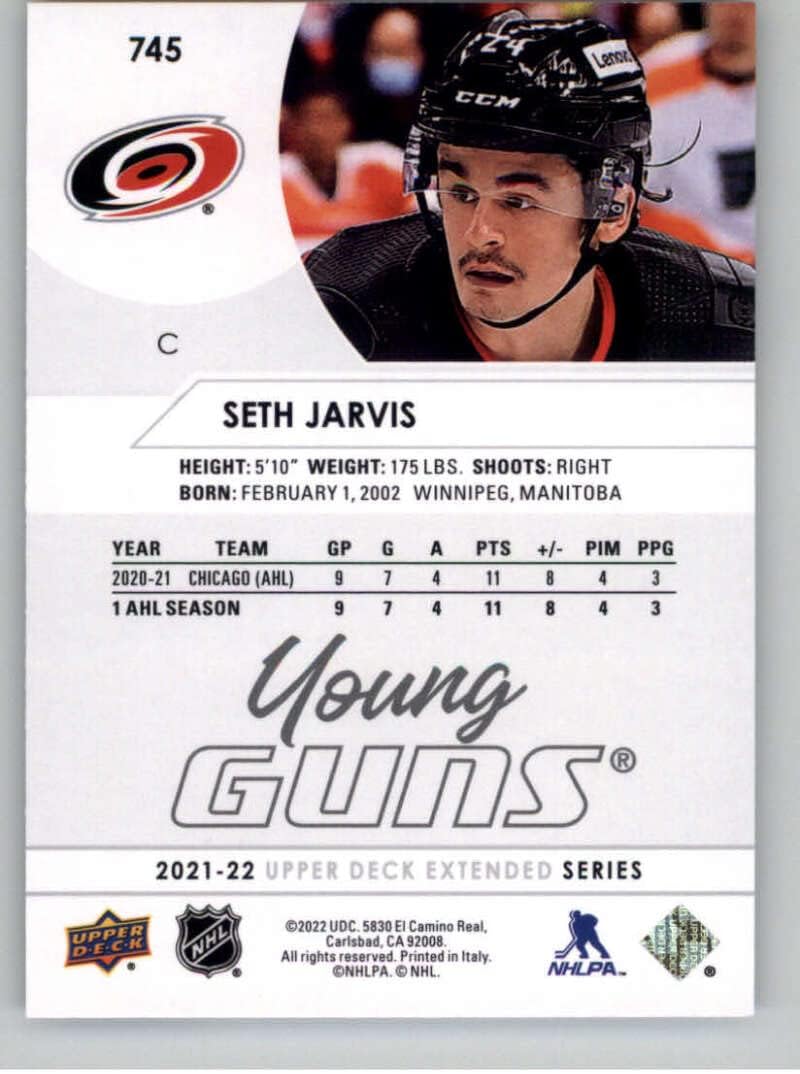 2021-22 Upper Deck Extended Series #745 Seth Jarvis RC Rookie Card Carolina Hurricanes Young Guns Official NHL Hockey Card in Raw (NM or Better) Condition