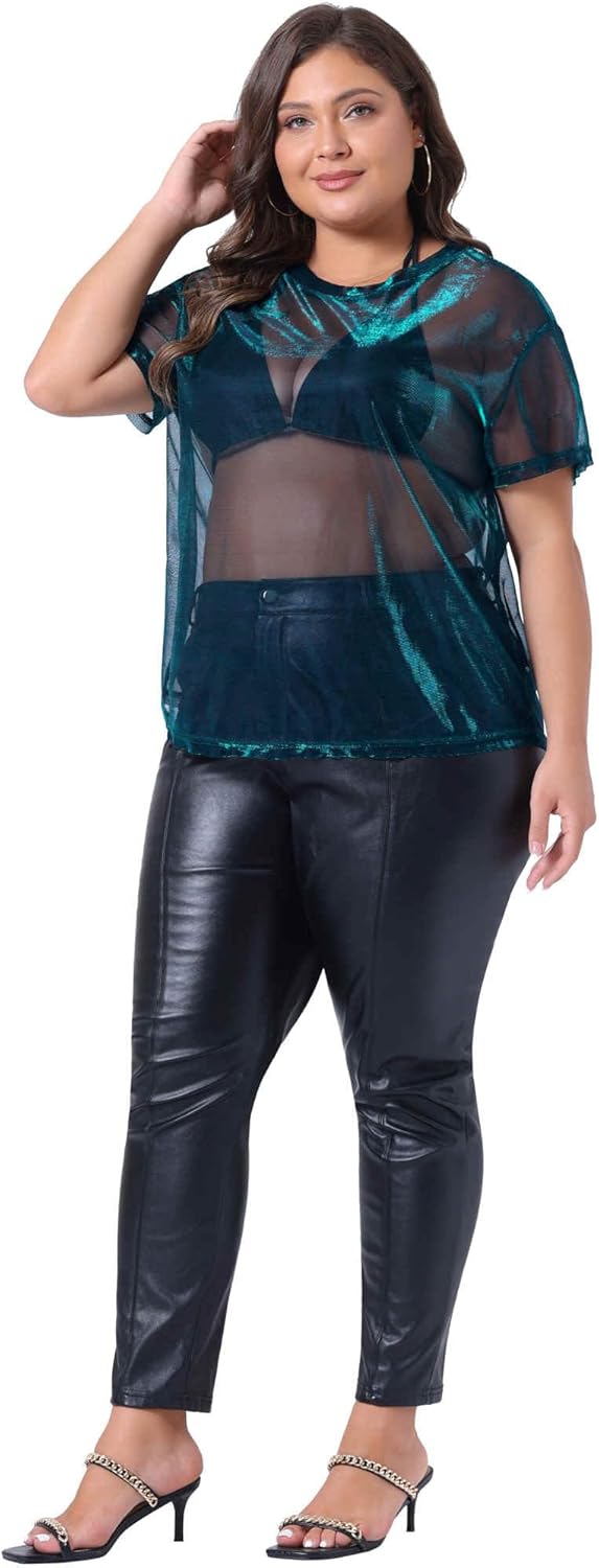 Agnes Orinda Plus Size Party Top for Women Sheer Mesh Holographic See Through Sexy Tops Blouse - Image 4