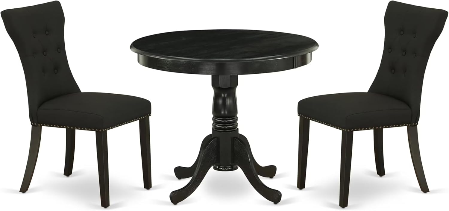 East West Furniture ANGA3-ABK-24 3 Piece Dinette Set for Small Spaces Contains a Round Kitchen Table with Pedestal and 2 Black Linen Fabric Parson Dining Chairs, 36x36 Inch, Wirebrushed Black
