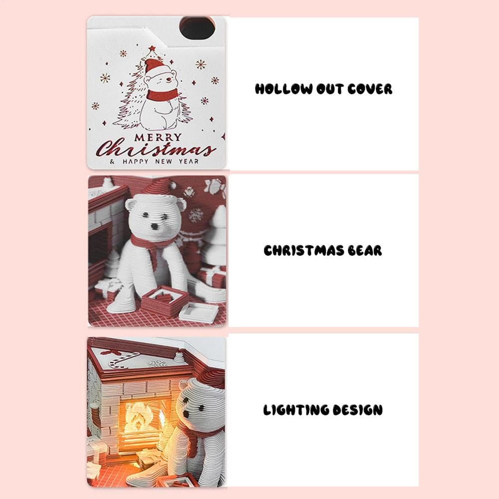 3D Memo Pad Kalender 2025 Weihnachtsbären-Design mit LED-Beleuchtung und | Tischkalender für Schreibtisch, Schlafzimmer, Wohnzimmer, Büro, Heimdeko, , Nachttisch, Tischschmuc